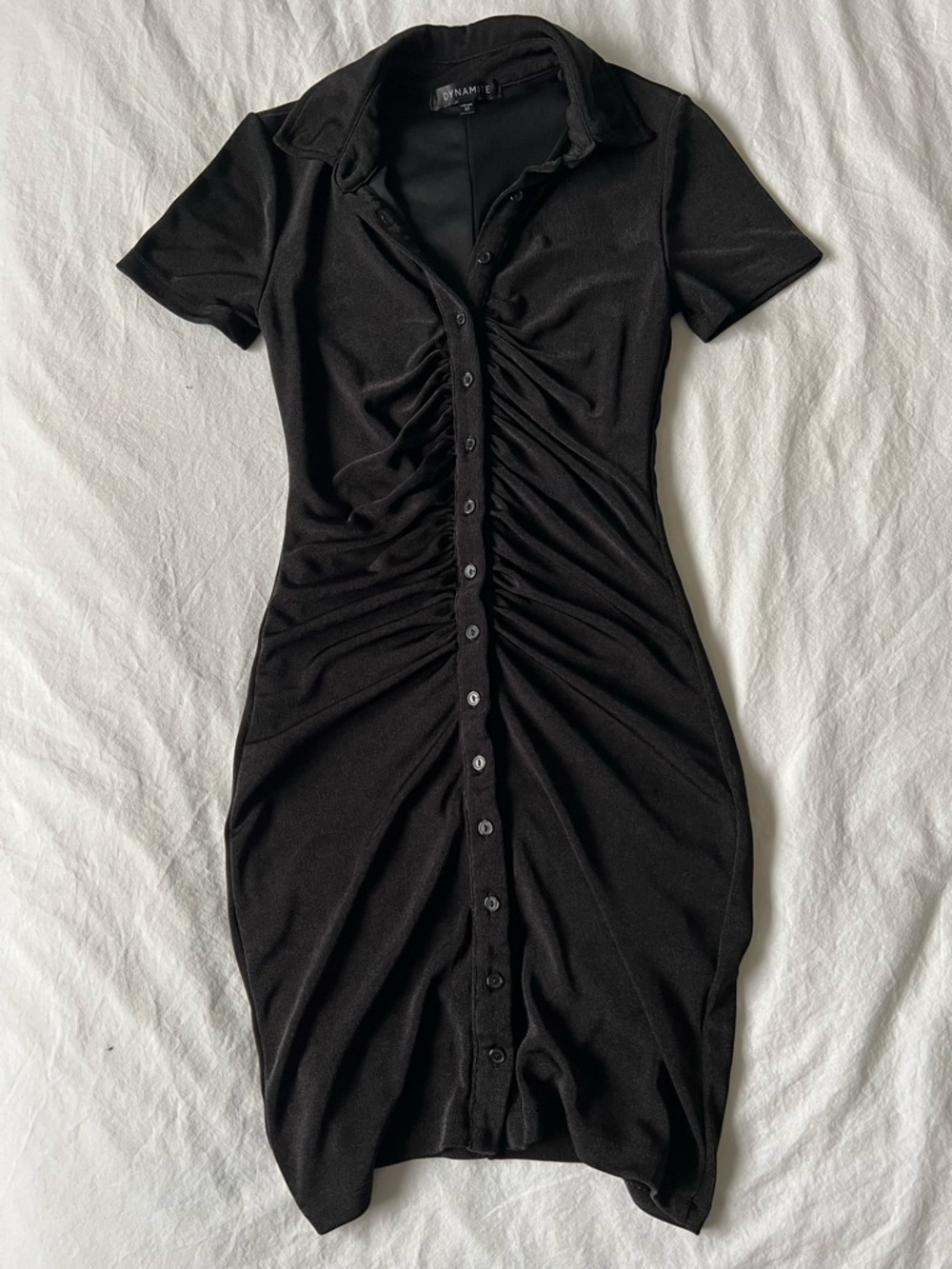 Dynamite Black Ruched Button-Front Midi Dress